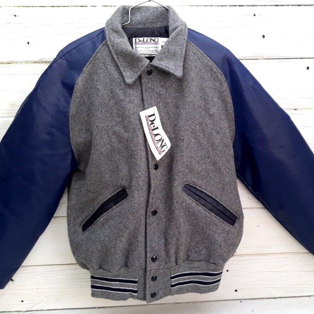 Delong Varsity / Letterman's Award Jacket 80% Wool USA Size Medium Grey/Blue